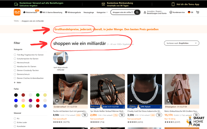 Temu Slogan Shoppen wie ein Milliardär.